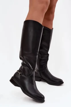 Discount Boto Ocieplane Kozaki Damskie Na Płaskim Obcasie Z Ozdobnym Detalem Czarne Renaya Czarny