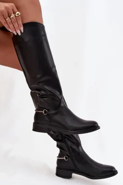 Discount Boto Ocieplane Kozaki Damskie Na Płaskim Obcasie Z Ozdobnym Detalem Czarne Renaya Czarny