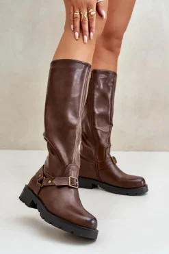Damskie Boto Ocieplane Kozaki Damskie Na Zamek Eko Skórzane Brązowe Tialethe