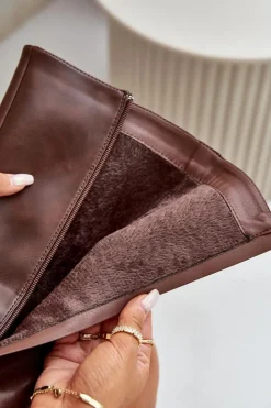 Damskie Boto Ocieplane Kozaki Damskie Na Zamek Eko Skórzane Brązowe Tialethe