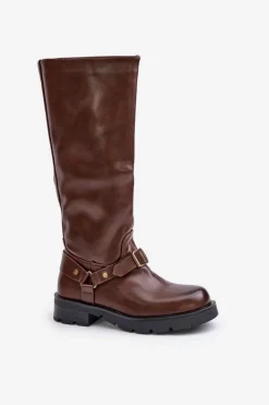 Damskie Boto Ocieplane Kozaki Damskie Na Zamek Eko Skórzane Brązowe Tialethe