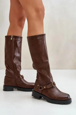 Damskie Boto Ocieplane Kozaki Damskie Na Zamek Eko Skórzane Brązowe Tialethe