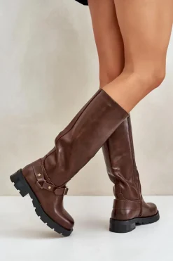 Damskie Boto Ocieplane Kozaki Damskie Na Zamek Eko Skórzane Brązowe Tialethe