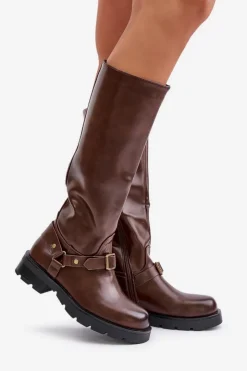 Damskie Boto Ocieplane Kozaki Damskie Na Zamek Eko Skórzane Brązowe Tialethe