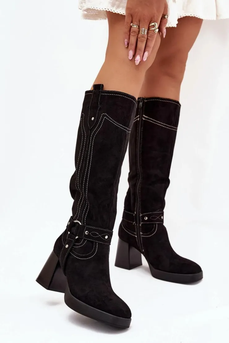 Clearance Boto Ocieplane Kozaki Damskie Na Słupku Z Przeszyciami Czarne Alessara Czarny