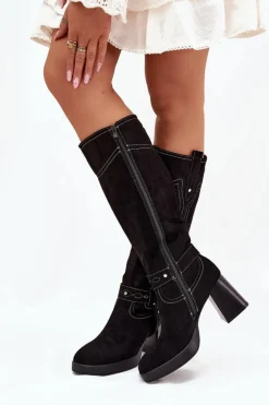 Clearance Boto Ocieplane Kozaki Damskie Na Słupku Z Przeszyciami Czarne Alessara Czarny