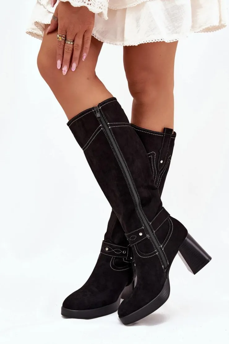 Clearance Boto Ocieplane Kozaki Damskie Na Słupku Z Przeszyciami Czarne Alessara Czarny