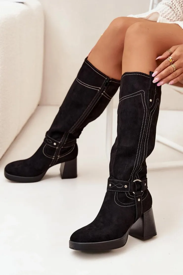 Clearance Boto Ocieplane Kozaki Damskie Na Słupku Z Przeszyciami Czarne Alessara Czarny