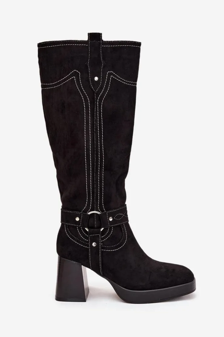 Clearance Boto Ocieplane Kozaki Damskie Na Słupku Z Przeszyciami Czarne Alessara Czarny