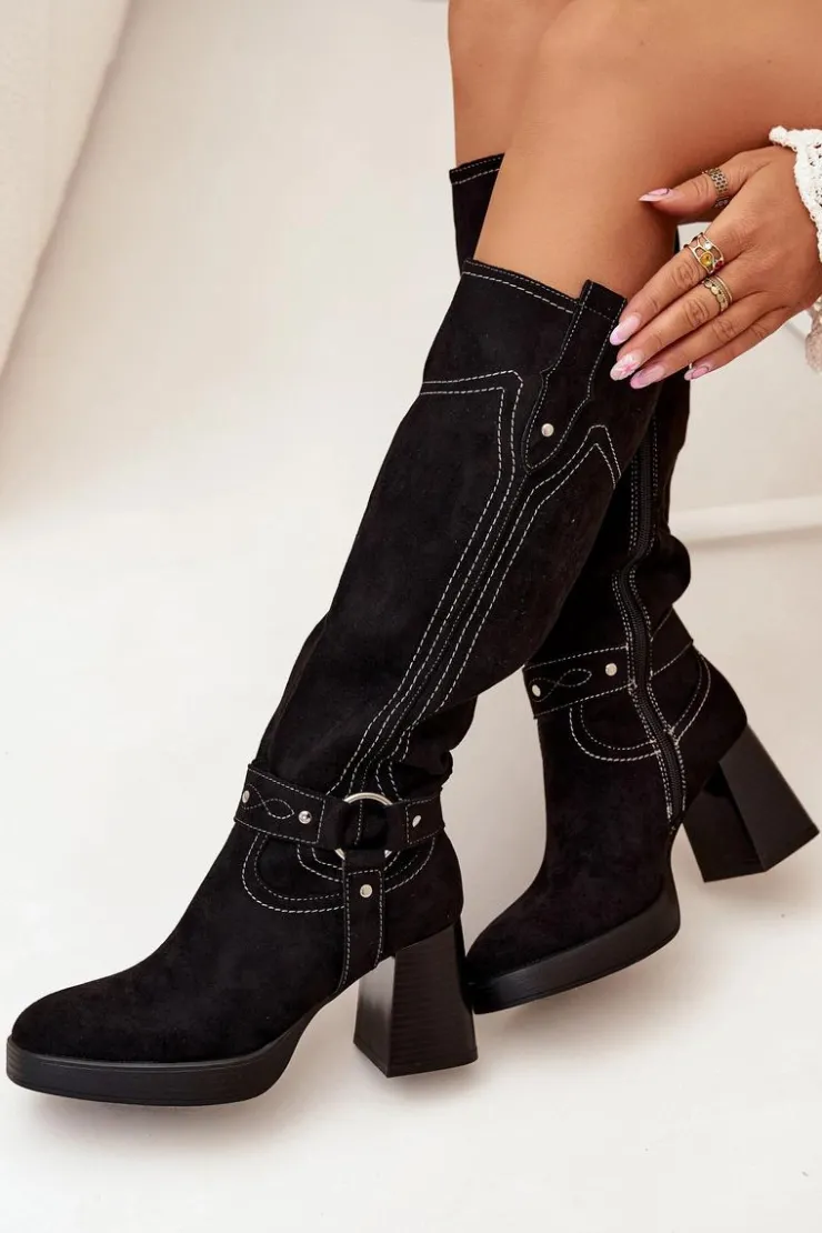 Clearance Boto Ocieplane Kozaki Damskie Na Słupku Z Przeszyciami Czarne Alessara Czarny