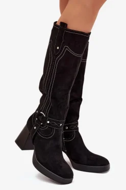 Clearance Boto Ocieplane Kozaki Damskie Na Słupku Z Przeszyciami Czarne Alessara Czarny