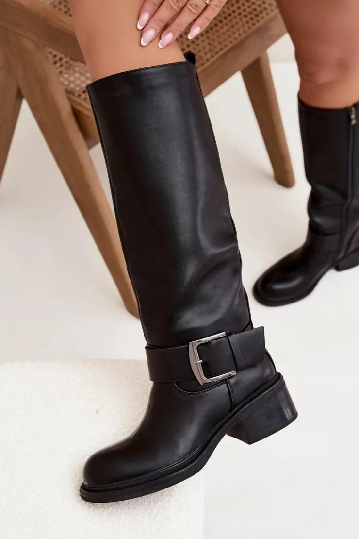 Damskie Boto Ocieplane Kozaki Damskie Na Klocku Z Klamrą Czarne Raphaela