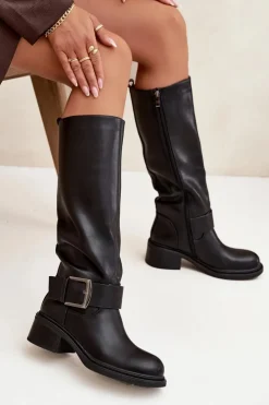 Damskie Boto Ocieplane Kozaki Damskie Na Klocku Z Klamrą Czarne Raphaela