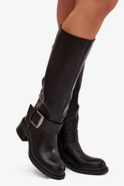 Damskie Boto Ocieplane Kozaki Damskie Na Klocku Z Klamrą Czarne Raphaela