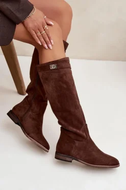 Damskie Boto Ocieplane Kozaki Damskie Na Płaskim Obcasie Z Paskiem I Srebrnym Detalem Brązowe Geraline