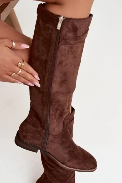 Damskie Boto Ocieplane Kozaki Damskie Na Płaskim Obcasie Z Paskiem I Srebrnym Detalem Brązowe Geraline