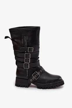 Best Boto Ocieplane Kozaki Damskie Z Paskami I Klamrami Czarne Ivaline Czarny