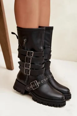 Best Boto Ocieplane Kozaki Damskie Z Paskami I Klamrami Czarne Ivaline Czarny