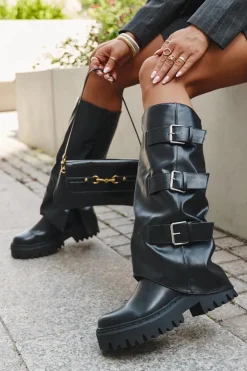 Boto Kozaki Ocieplane|Kozaki Płaskie*Ocieplane Kozaki Damskie Ze Srebrnymi Klamrami Czarne Isavine