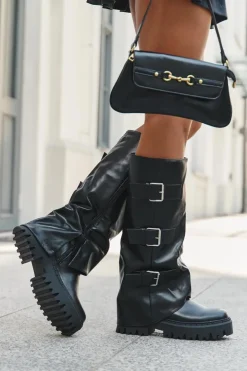 Boto Kozaki Ocieplane|Kozaki Płaskie*Ocieplane Kozaki Damskie Ze Srebrnymi Klamrami Czarne Isavine