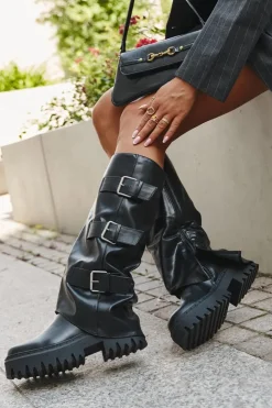 Boto Kozaki Ocieplane|Kozaki Płaskie*Ocieplane Kozaki Damskie Ze Srebrnymi Klamrami Czarne Isavine