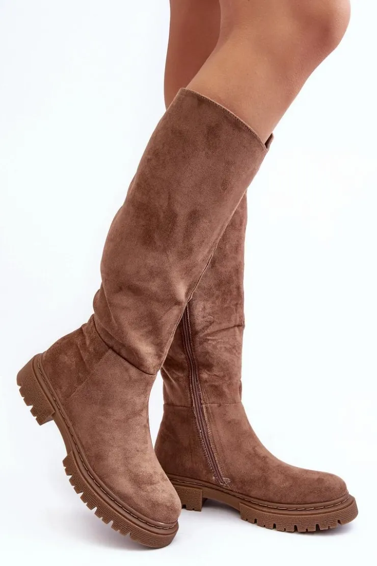 Hot Evento Ocieplane Kozaki Damskie Przed Kolano Brązowe Heliofa Brązowy