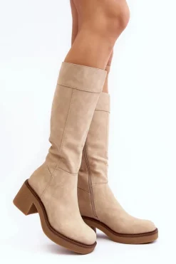 Buty Sergio Leone Kozaki Przed Kolano|Kozaki Na Obcasie*Ocieplane Kozaki Damskie Na Masywnym Obcasie Beżowe Calvisa
