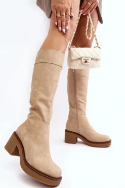 Buty Sergio Leone Kozaki Przed Kolano|Kozaki Na Obcasie*Ocieplane Kozaki Damskie Na Masywnym Obcasie Beżowe Calvisa