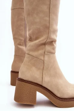 Buty Sergio Leone Kozaki Przed Kolano|Kozaki Na Obcasie*Ocieplane Kozaki Damskie Na Masywnym Obcasie Beżowe Calvisa