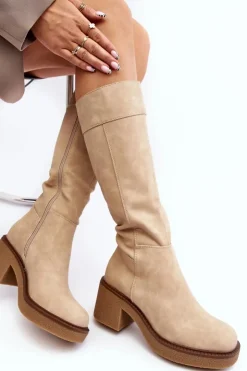 Buty Sergio Leone Kozaki Przed Kolano|Kozaki Na Obcasie*Ocieplane Kozaki Damskie Na Masywnym Obcasie Beżowe Calvisa