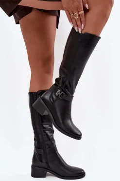 Damskie Buty Sergio Leone Ocieplane Kozaki Damskie Na Klocku Z Paskiem Sergio Leone KZ25826 Czarne