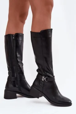 Damskie Buty Sergio Leone Ocieplane Kozaki Damskie Na Klocku Z Paskiem Sergio Leone KZ25826 Czarne