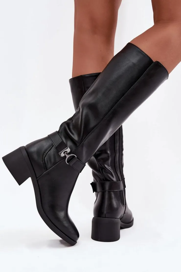 Damskie Buty Sergio Leone Ocieplane Kozaki Damskie Na Klocku Z Paskiem Sergio Leone KZ25826 Czarne