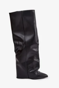 Clearance Boto Ocieplane Kozaki Damskie Z Wywiniętą Cholewką Na Słupku Czarne Elivira Czarny