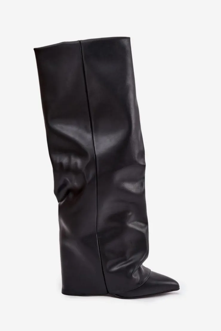 Clearance Boto Ocieplane Kozaki Damskie Z Wywiniętą Cholewką Na Słupku Czarne Elivira Czarny