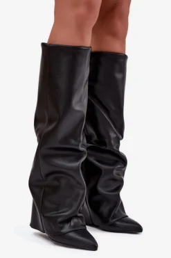 Clearance Boto Ocieplane Kozaki Damskie Z Wywiniętą Cholewką Na Słupku Czarne Elivira Czarny