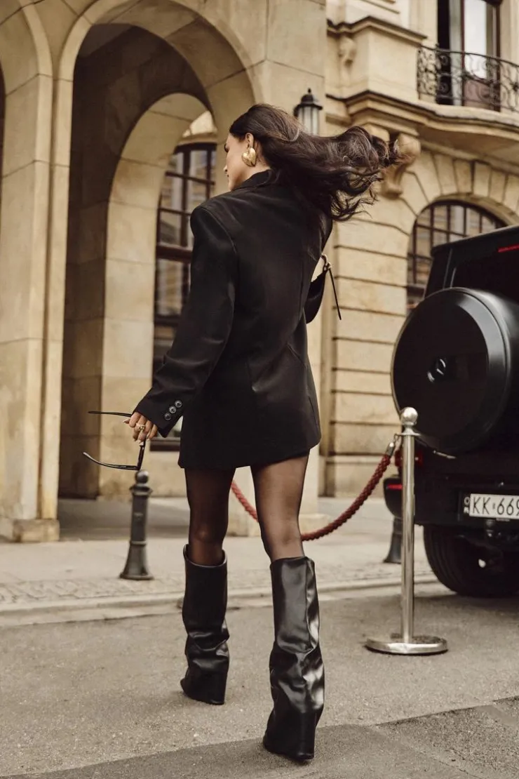 Clearance Boto Ocieplane Kozaki Damskie Z Wywiniętą Cholewką Na Słupku Czarne Elivira Czarny