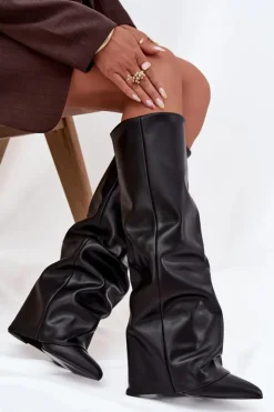 Clearance Boto Ocieplane Kozaki Damskie Z Wywiniętą Cholewką Na Słupku Czarne Elivira Czarny