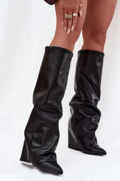 Clearance Boto Ocieplane Kozaki Damskie Z Wywiniętą Cholewką Na Słupku Czarne Elivira Czarny