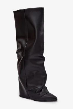 Clearance Boto Ocieplane Kozaki Damskie Z Wywiniętą Cholewką Na Słupku Czarne Elivira Czarny