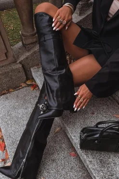 Boto Kozaki Ocieplane|Muszkieterki*Ocieplane Kozaki Damskie Za Kolano Na Słupku Z Paskiem Klamrą I Srebrnym Zamkiem Czarne Reisa