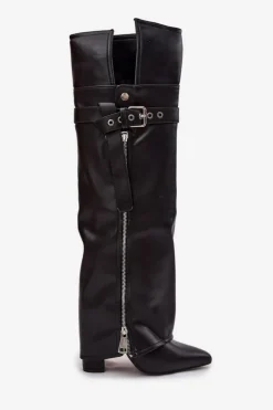 Boto Kozaki Ocieplane|Muszkieterki*Ocieplane Kozaki Damskie Za Kolano Na Słupku Z Paskiem Klamrą I Srebrnym Zamkiem Czarne Reisa