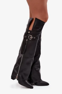 Boto Kozaki Ocieplane|Muszkieterki*Ocieplane Kozaki Damskie Za Kolano Na Słupku Z Paskiem Klamrą I Srebrnym Zamkiem Czarne Reisa