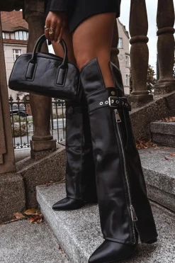 Boto Kozaki Ocieplane|Muszkieterki*Ocieplane Kozaki Damskie Za Kolano Na Słupku Z Paskiem Klamrą I Srebrnym Zamkiem Czarne Reisa