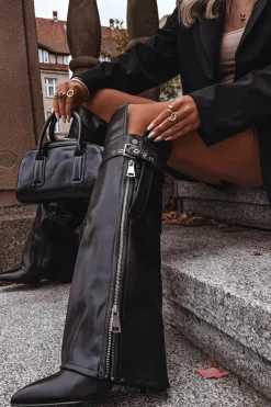 Boto Kozaki Ocieplane|Muszkieterki*Ocieplane Kozaki Damskie Za Kolano Na Słupku Z Paskiem Klamrą I Srebrnym Zamkiem Czarne Reisa