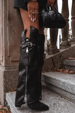 Boto Kozaki Ocieplane|Muszkieterki*Ocieplane Kozaki Damskie Za Kolano Na Słupku Z Paskiem Klamrą I Srebrnym Zamkiem Czarne Reisa