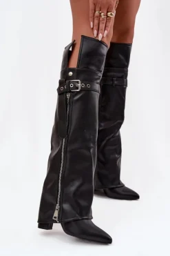 Boto Kozaki Ocieplane|Muszkieterki*Ocieplane Kozaki Damskie Za Kolano Na Słupku Z Paskiem Klamrą I Srebrnym Zamkiem Czarne Reisa