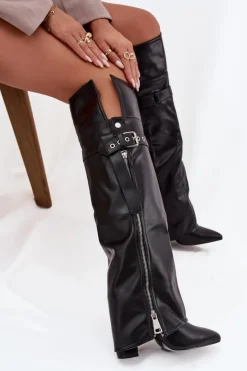 Boto Kozaki Ocieplane|Muszkieterki*Ocieplane Kozaki Damskie Za Kolano Na Słupku Z Paskiem Klamrą I Srebrnym Zamkiem Czarne Reisa