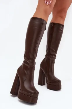 Clearance Boto Ocieplane Kozaki Damskie Na Słupku I Platformie Czekoladowe Lysara