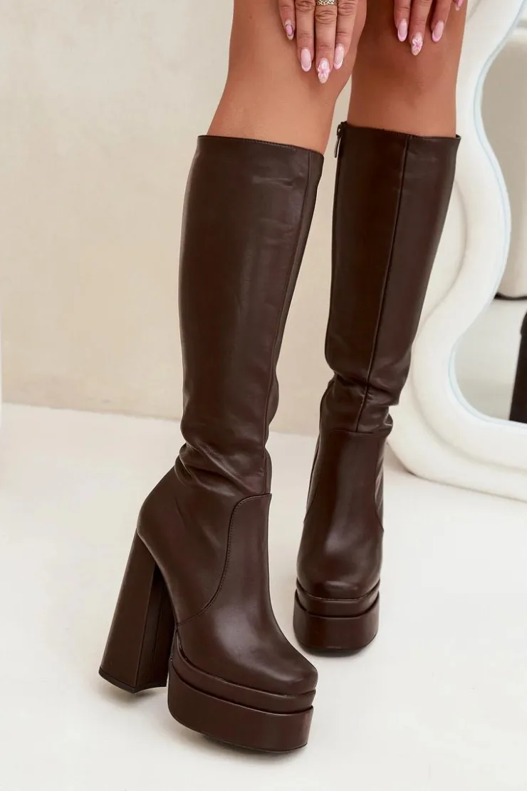 Clearance Boto Ocieplane Kozaki Damskie Na Słupku I Platformie Czekoladowe Lysara